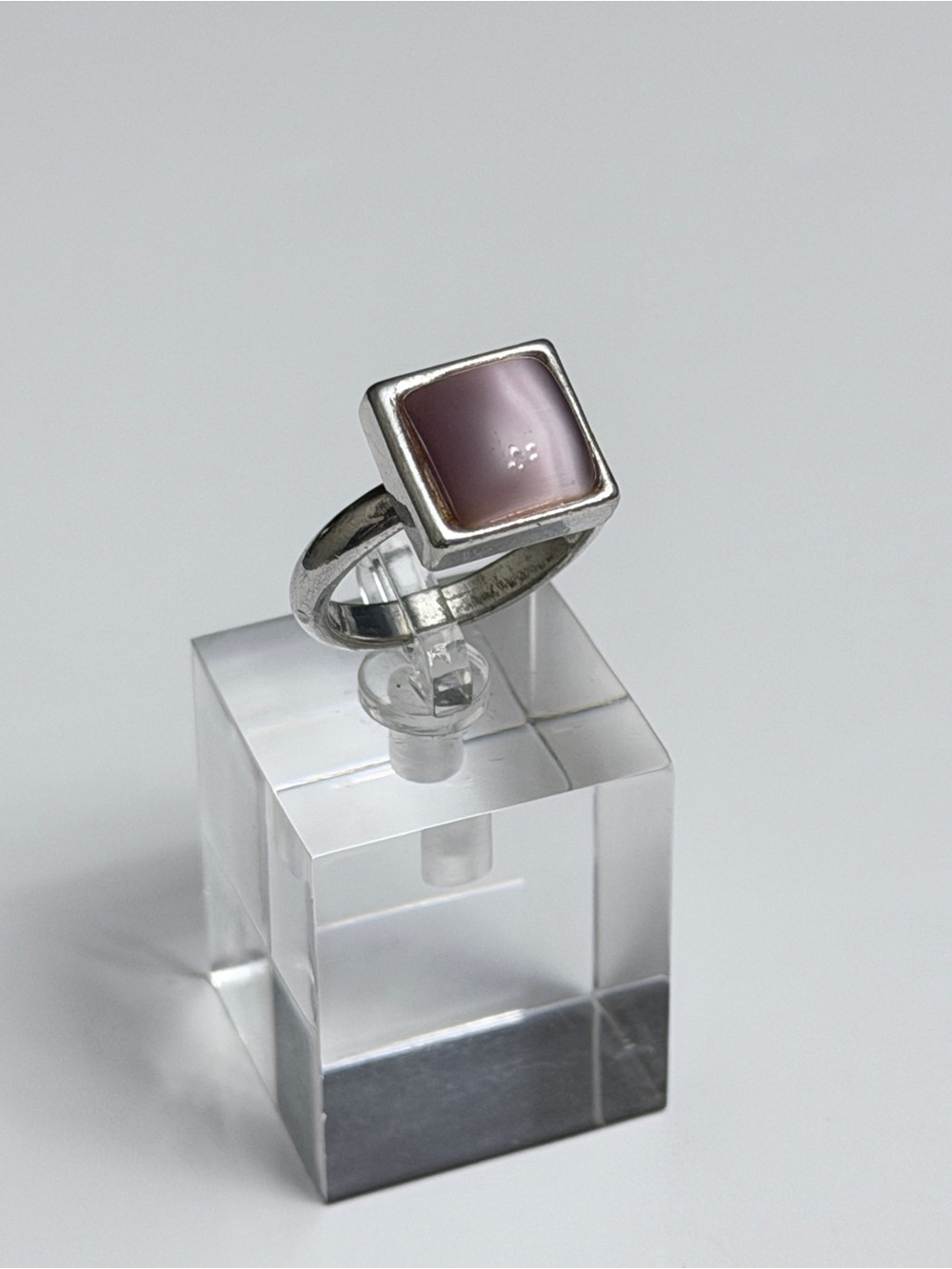 Square Cat's Eye Stone Ring Bezel Setting Modernist Pink Silver Size 7.5